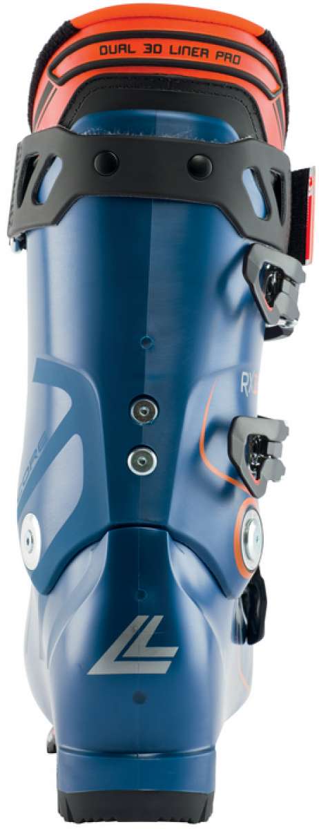 Lange RX 120 LV Ski Boot 2023 - A blue ski boot with a black strap and buckle on the back.
