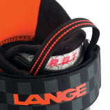 Lange RX 130 Ski Boot 2023 - Black ski boot with red accents and white logo on top of a gray background.