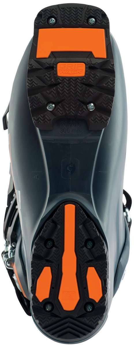 Lange RX 130 Ski Boot 2023 - Black ski boot with silver hardware and a textured, rubberized toe cap.