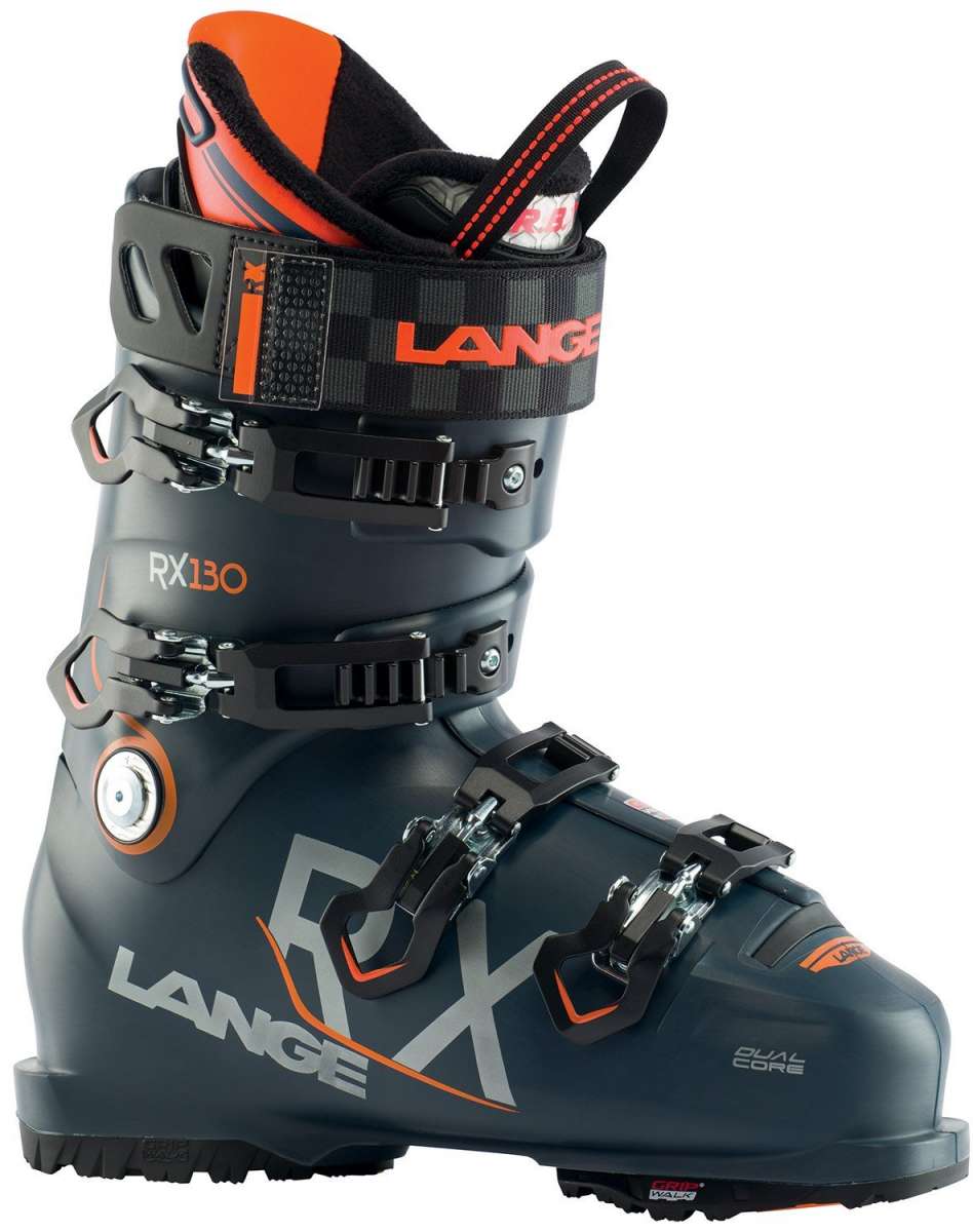 Lange RX 130 Ski Boot 2023 - Black ski boot with orange accents and silver buckles.