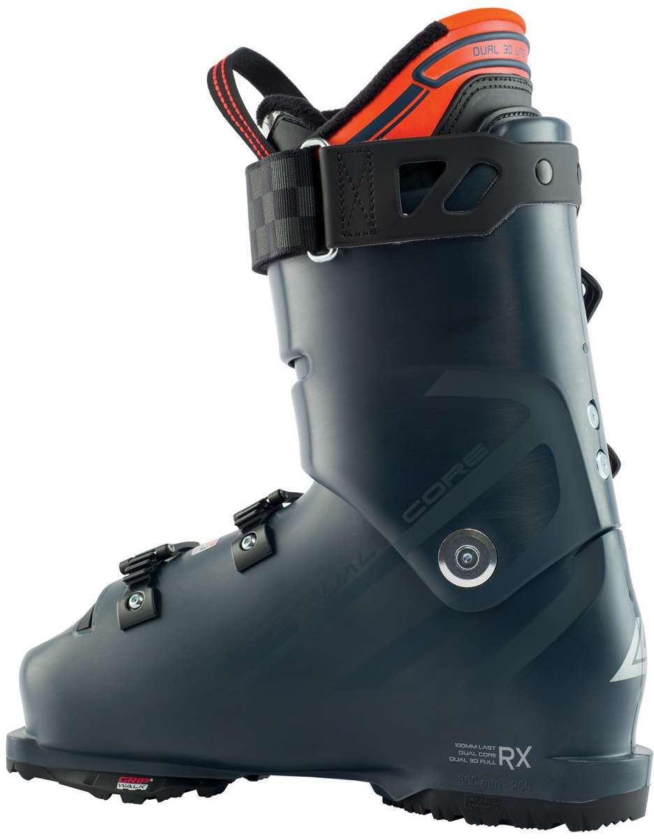 Lange RX 130 Ski Boot 2023 - Black ski boot with silver buckles and a white logo on top.