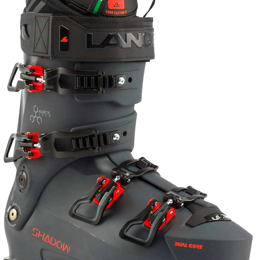 Lange Shadow 120 LV Ski Boots 2024 - Black ski boots with silver buckles and red accents on the tongue.