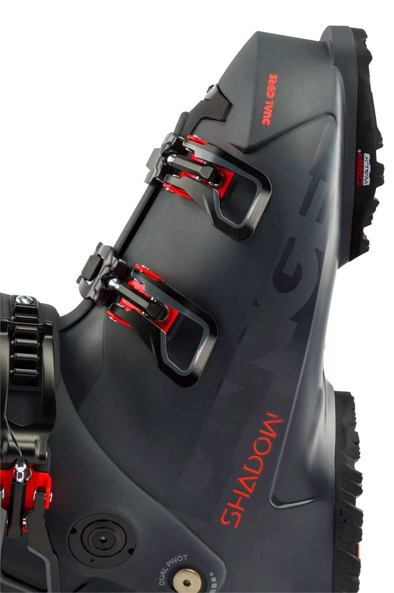 Lange Shadow 120 LV Ski Boots 2024 - Black ski boots with red accents and a silver buckle.