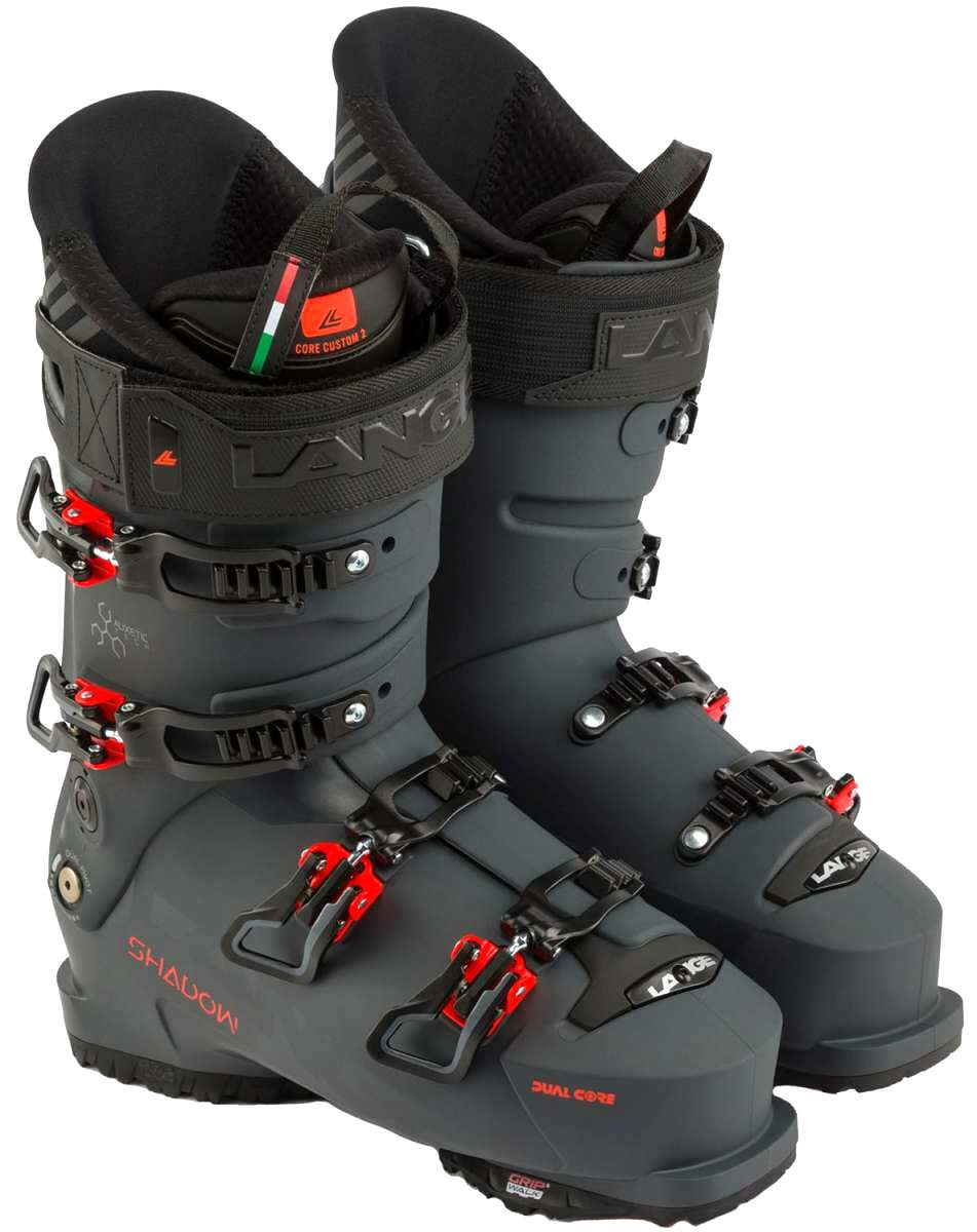 Lange Shadow 120 LV Ski Boots 2024 - Black ski boots with red buckles and straps, featuring a textured pattern on the tongue.