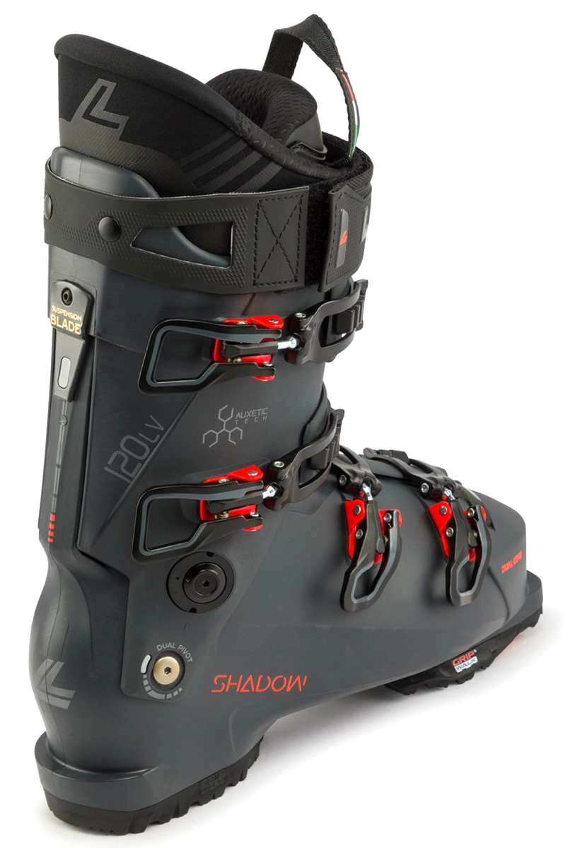 Lange Shadow 120 LV Ski Boots 2024 - Black ski boots with red accents and silver buckles.