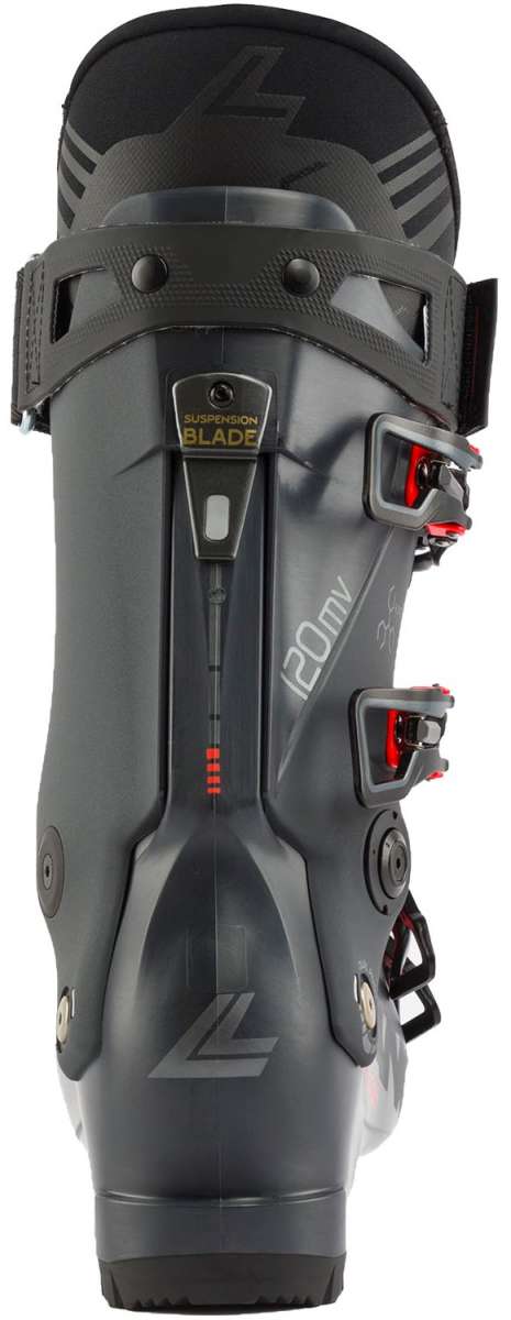 Lange Shadow 120 MV Ski Boots 2024 - Black ski boots with silver accents and a textured pattern on the tongue.