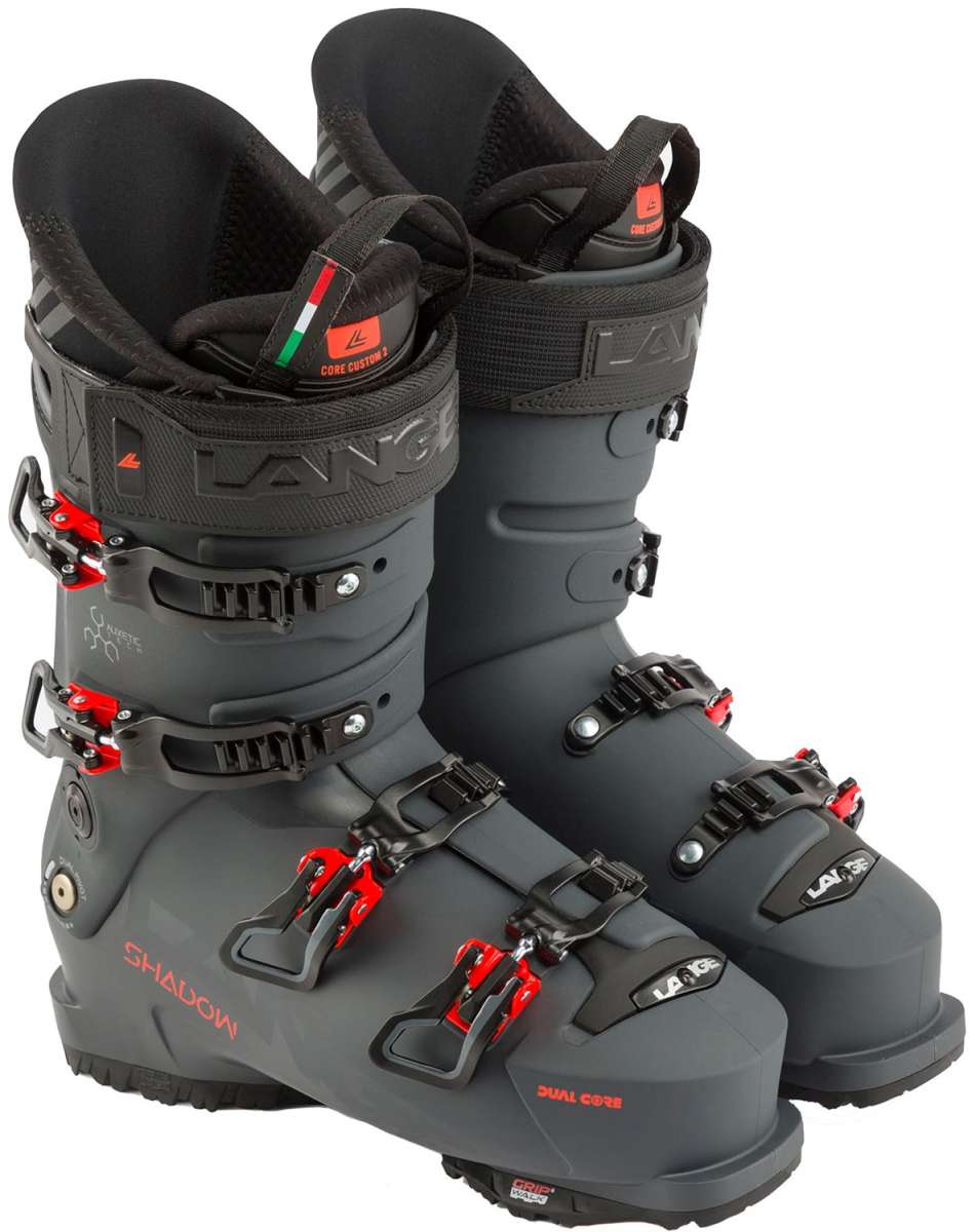 Lange Shadow 120 MV Ski Boots 2024 - Black ski boots with red buckles and white writing on top.