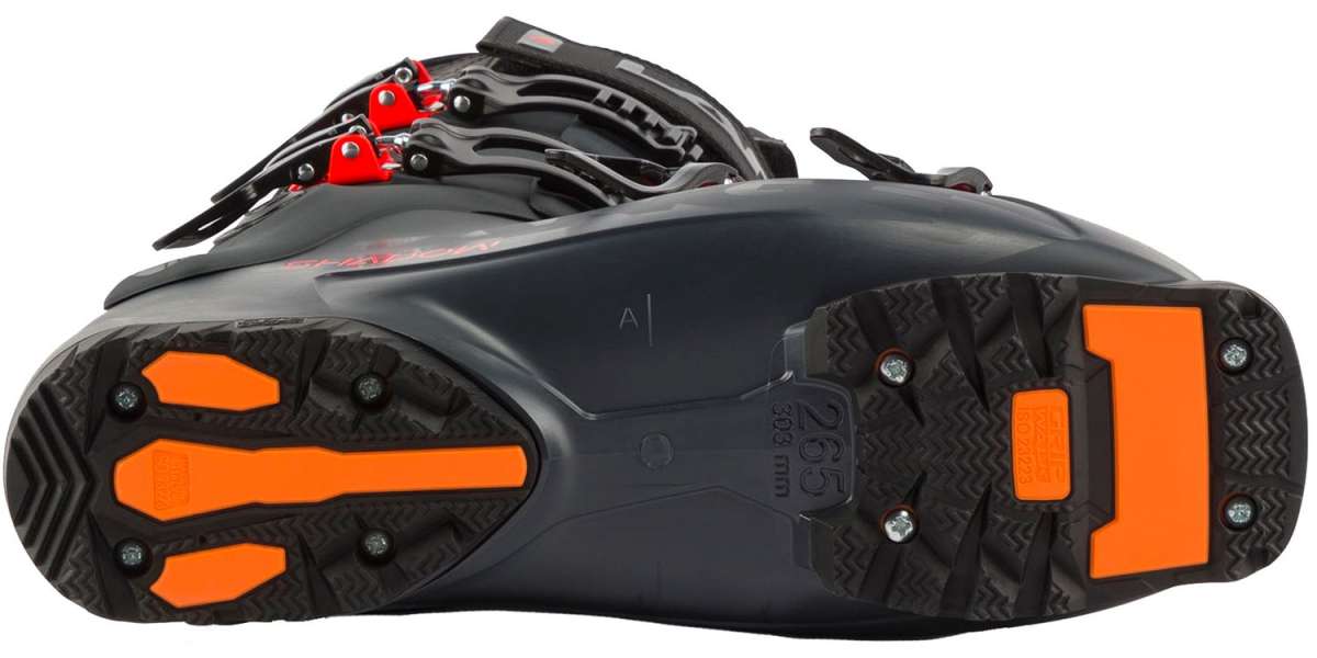 Lange Shadow 120 MV Ski Boots 2024 - Black ski boots with silver buckles and red logos.