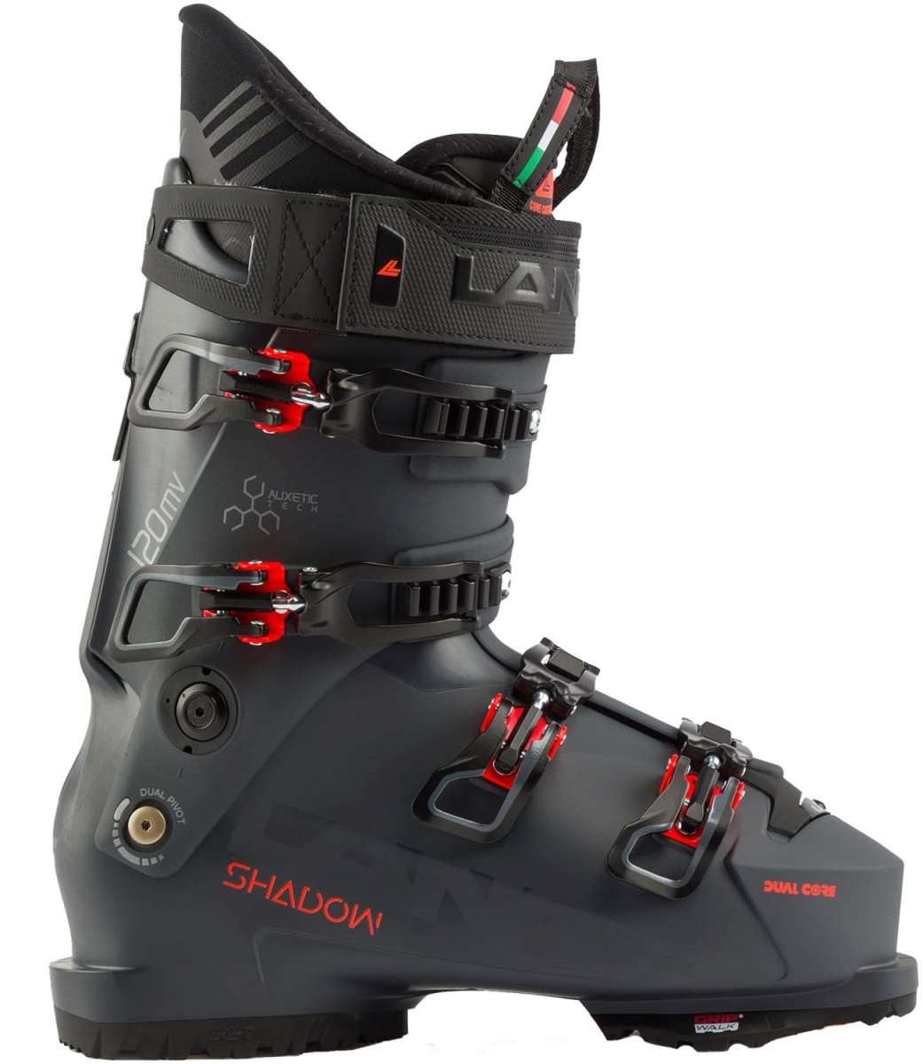Lange Shadow 120 MV Ski Boots 2024 - Black ski boots with red accents and buckles.