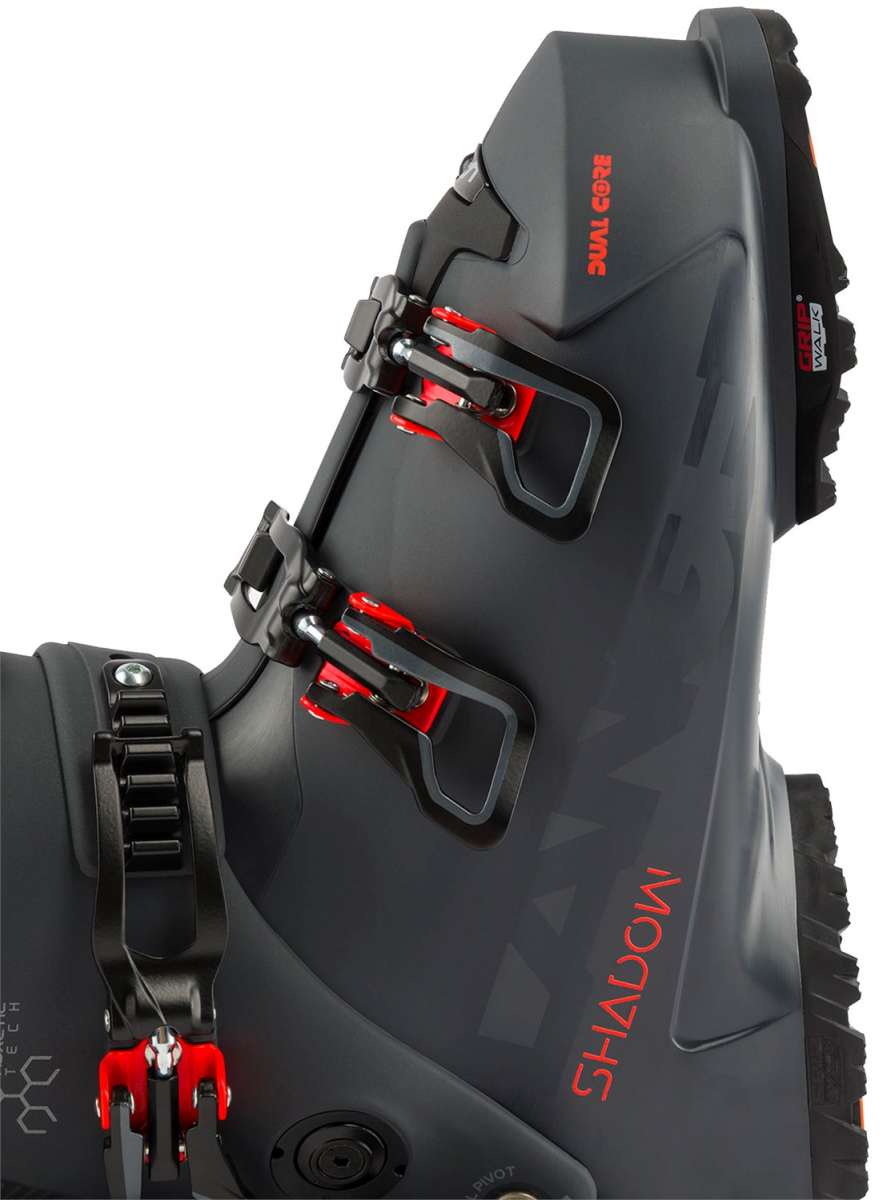 Lange Shadow 120 MV Ski Boots 2024 - Black ski boots with red accents and silver buckles.