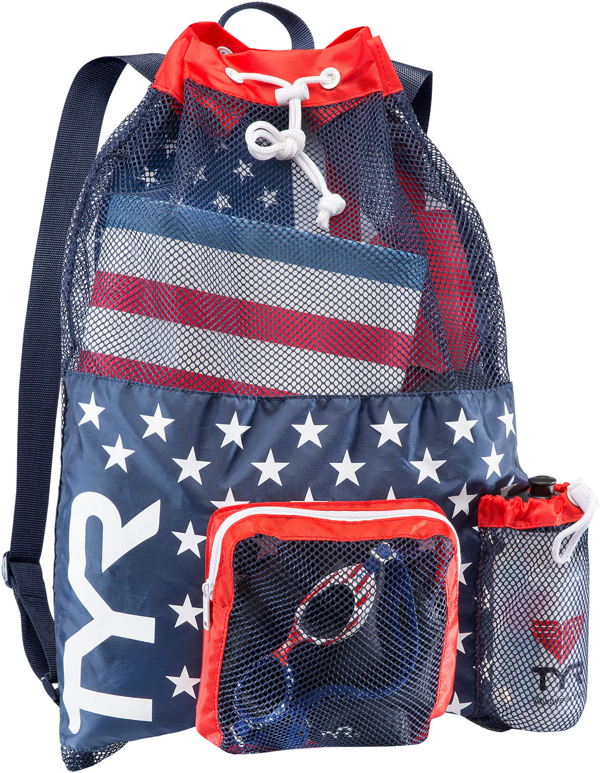 TYR Big Mesh Mummy III Backpack 40L - A navy blue backpack with white stars and a red top, featuring a large mesh pocket on the front.