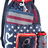 TYR Big Mesh Mummy III Backpack 40L - A navy blue backpack with white stars and a red top, featuring a large mesh pocket on the front.