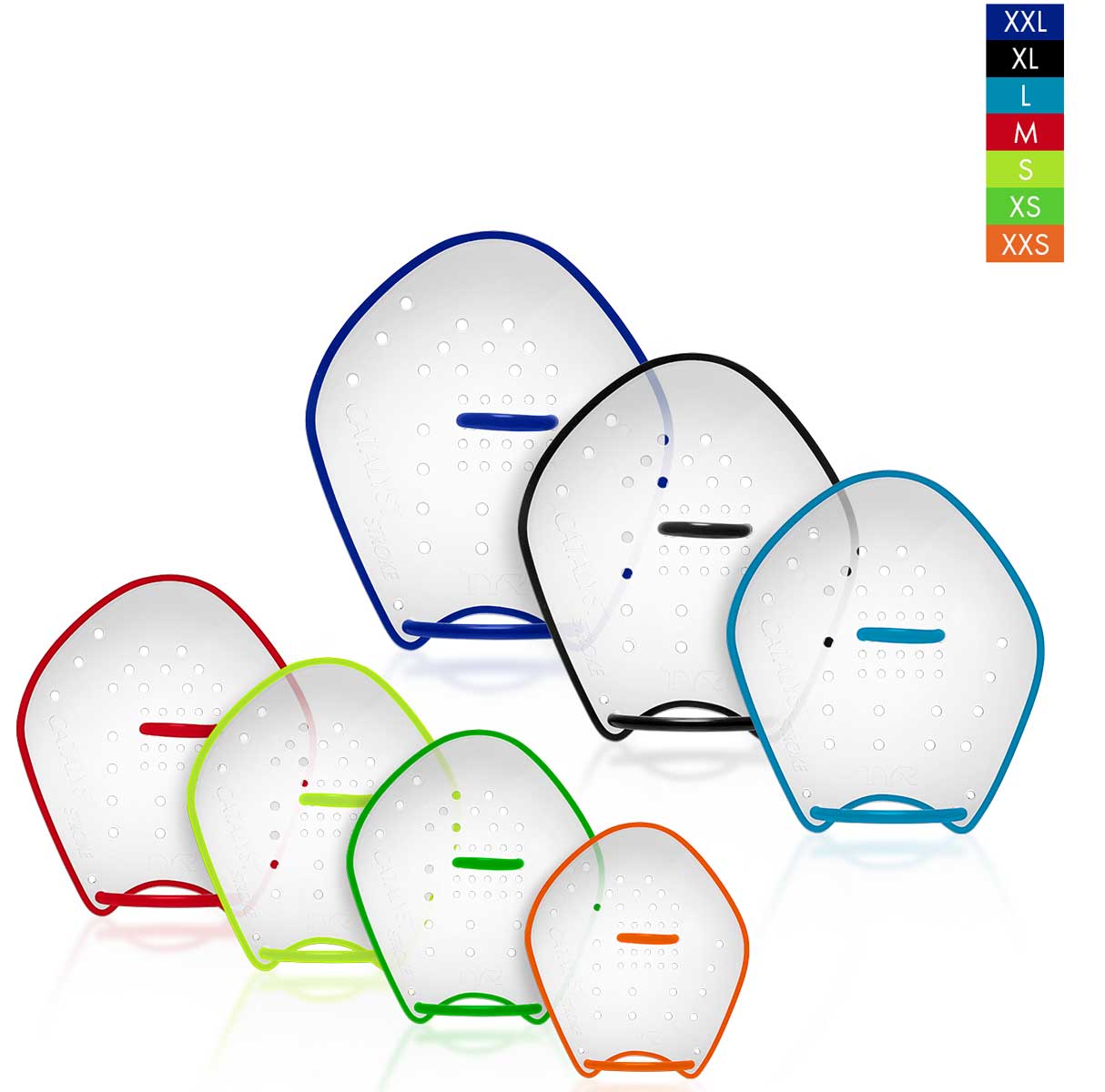 TYR Catalyst Stroke Training Paddles - White paddles with blue trim and a blue handle on the right side.