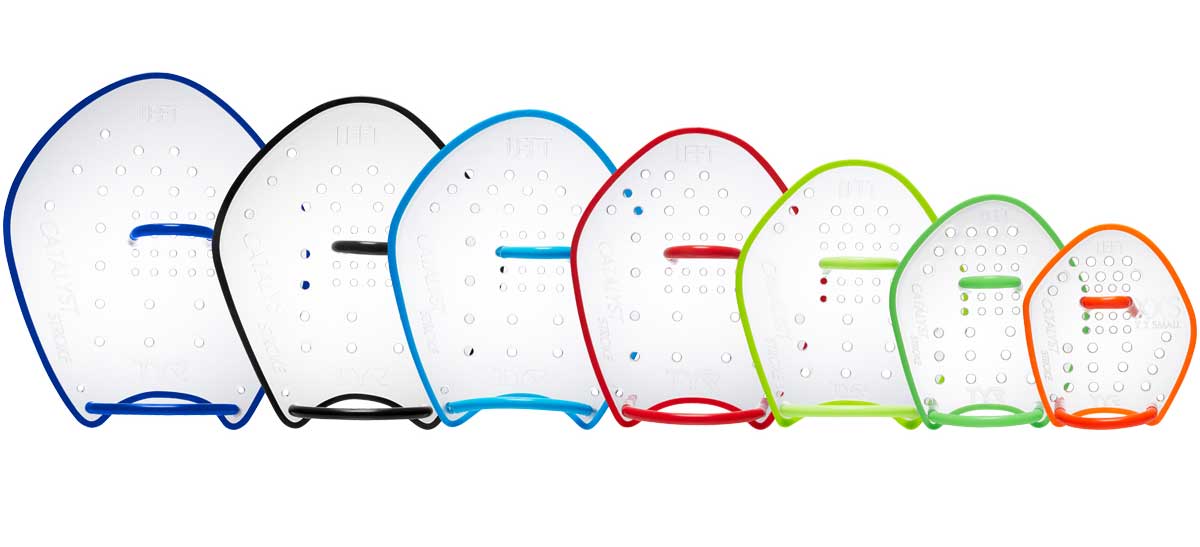 TYR Catalyst Stroke Training Paddles - White paddles with blue and red accents on the handles.
