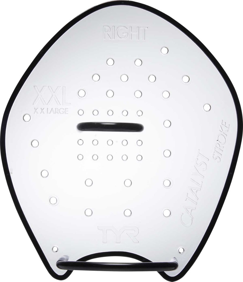 TYR Catalyst Stroke Training Paddles - White paddles with black trim, featuring a textured grip and holes for water flow.