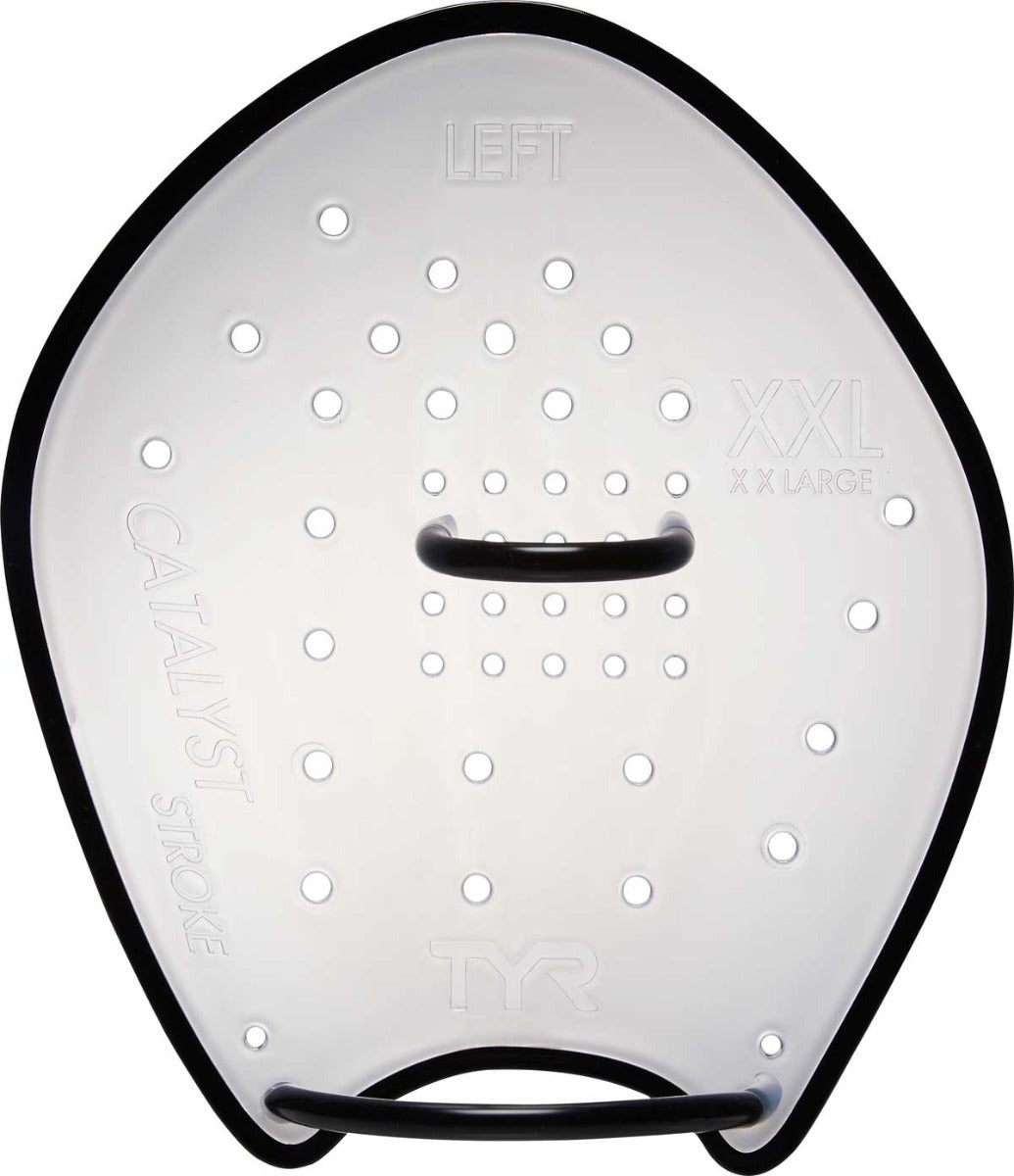 TYR Catalyst Stroke Training Paddles - White paddles with black trim, featuring a textured surface and a small circular hole at the top center.
