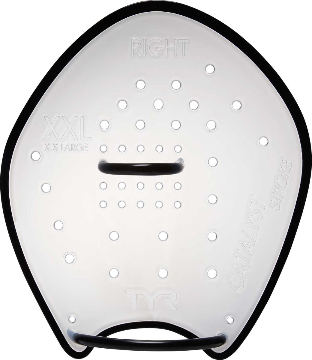 TYR Catalyst Stroke Training Paddles - A clear plastic paddle with a black border and handle, featuring small circular holes for grip and a distinctive "CATALYST STROKE" logo on the bottom.