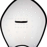 TYR Catalyst Stroke Training Paddles - A clear plastic paddle with a black border and handle, featuring small circular holes for grip and a distinctive "CATALYST STROKE" logo on the bottom.