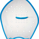 TYR Catalyst Stroke Training Paddles - White paddles with blue accents, featuring a textured grip and holes for water flow control.