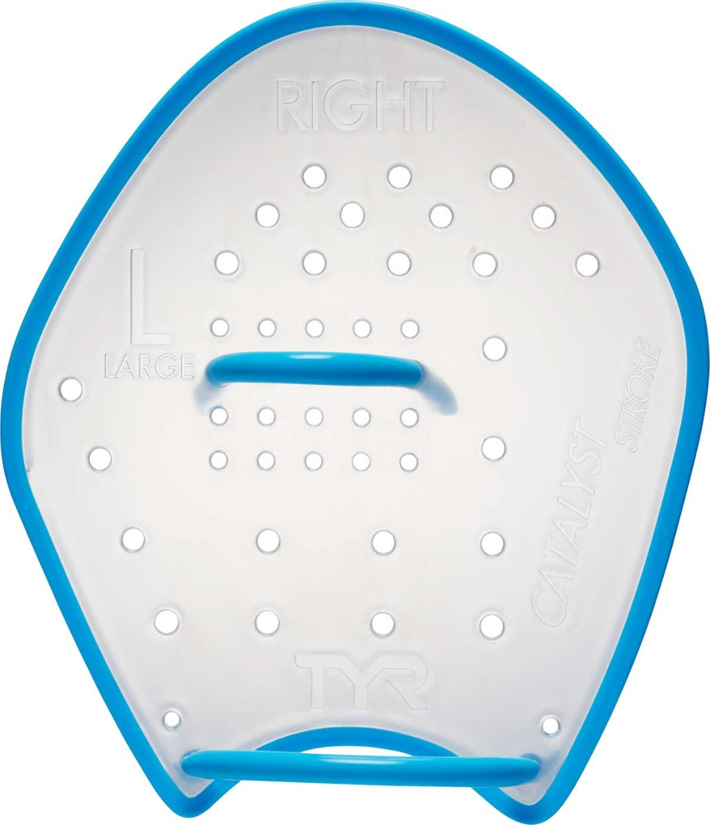 TYR Catalyst Stroke Training Paddles - White paddles with blue accents and a textured grip on the handle.