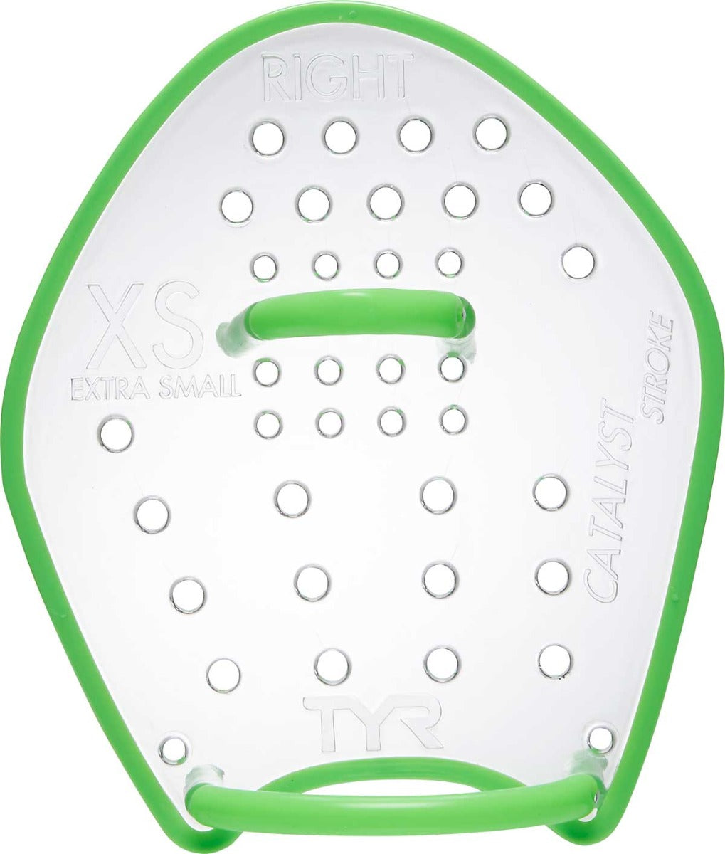 TYR Catalyst Stroke Training Paddles - Clear paddles with green trim and a green handle, featuring circular holes on both sides.