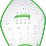 TYR Catalyst Stroke Training Paddles - Clear paddles with green trim and a green handle, featuring circular holes on both sides.