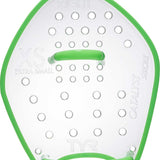 TYR Catalyst Stroke Training Paddles - Clear paddles with green trim and a green handle, featuring circular holes on both sides.