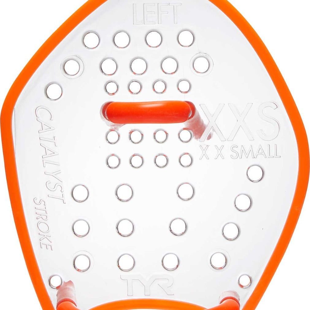 TYR Catalyst Stroke Training Paddles - Clear paddles with orange handles and a small circular logo on the bottom of one handle.