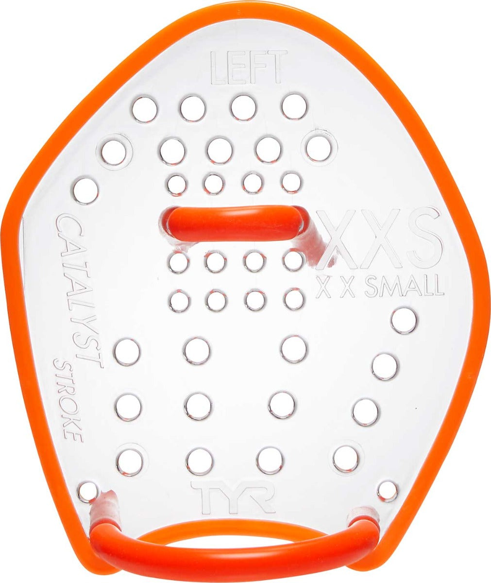 TYR Catalyst Stroke Training Paddles - Clear paddles with orange handles and a small circular logo on the bottom of one handle.
