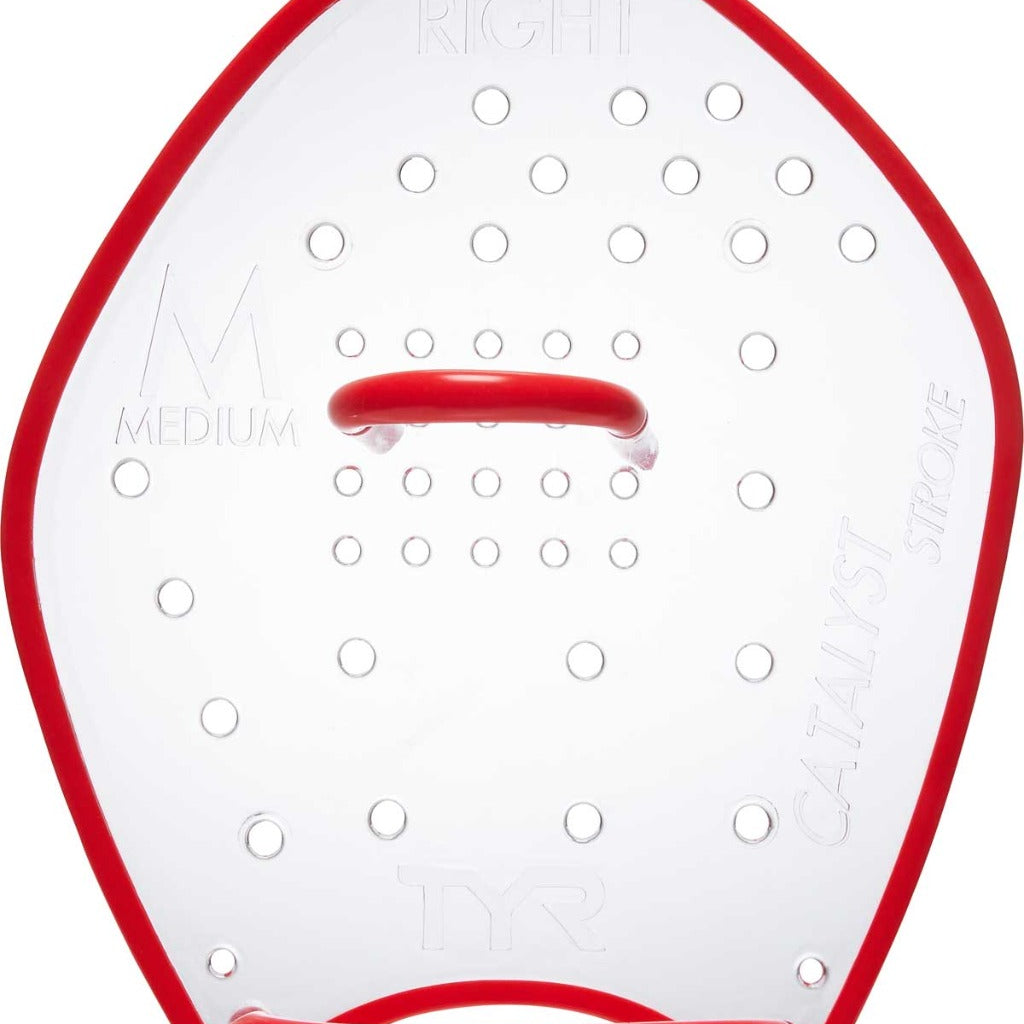 TYR Catalyst Stroke Training Paddles - White paddles with red trim and a red handle.