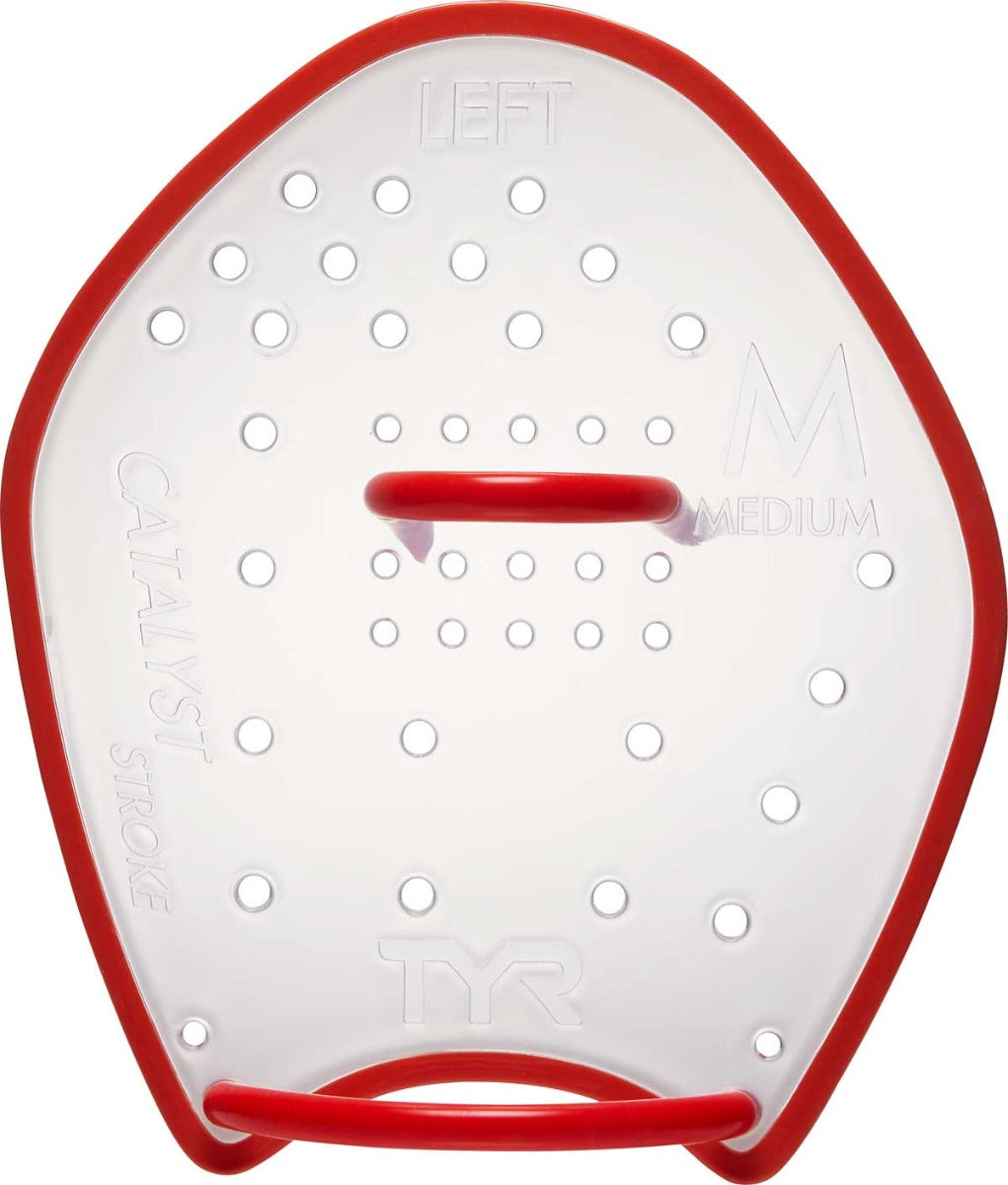 TYR Catalyst Stroke Training Paddles - Clear paddles with a red border, featuring circular holes and embossed lettering that reads "Catalyst Stroke" on one side and "TYR" on the other.