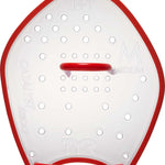 TYR Catalyst Stroke Training Paddles - Clear paddles with a red border, featuring circular holes and embossed lettering that reads "Catalyst Stroke" on one side and "TYR" on the other.