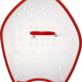 TYR Catalyst Stroke Training Paddles - Clear paddles with a red border, featuring circular holes and embossed lettering that reads "Catalyst Stroke" on one side and "TYR" on the other.
