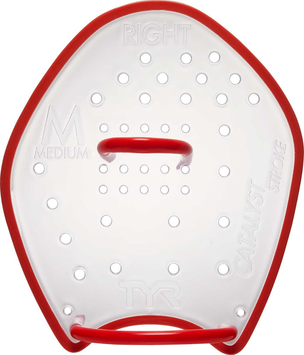 TYR Catalyst Stroke Training Paddles - Red paddles with a textured grip on the handle and a flat, wide blade.