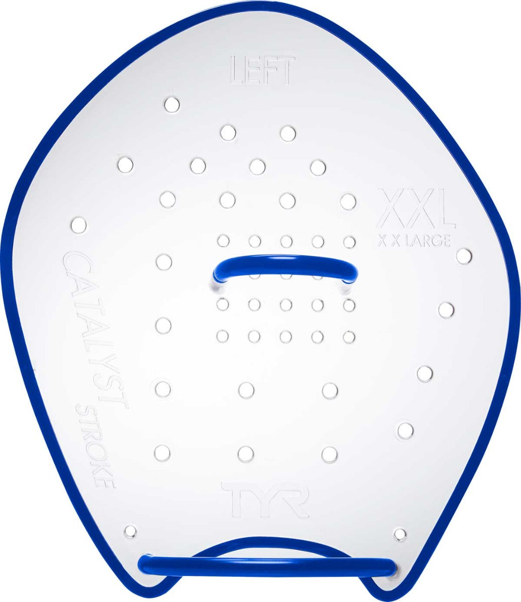 TYR Catalyst Stroke Training Paddles - White paddles with blue accents and a textured grip on the handle.