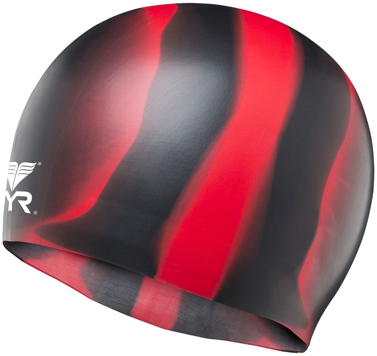 TYR Multi Color Silicone Swim Cap - A swim cap with a multicolored design, featuring a mix of red and blue hues.