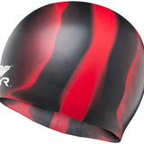 TYR Multi Color Silicone Swim Cap - A swim cap with a multicolored design, featuring a mix of red and blue hues.