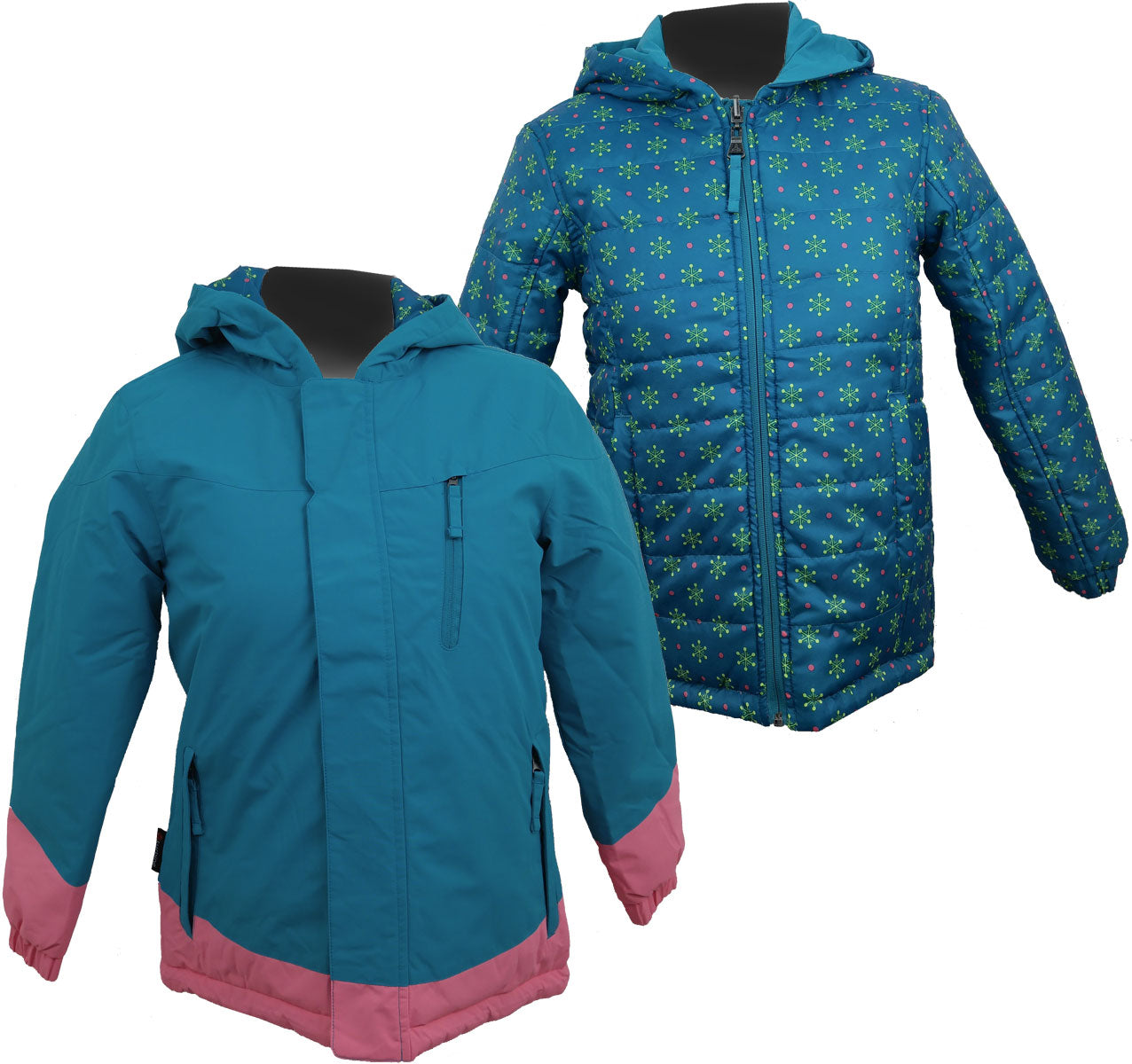 Turbine Girls' Legacy Insulated Jacket 2017 - A blue jacket with a snowflake pattern and pink accents on the cuffs.