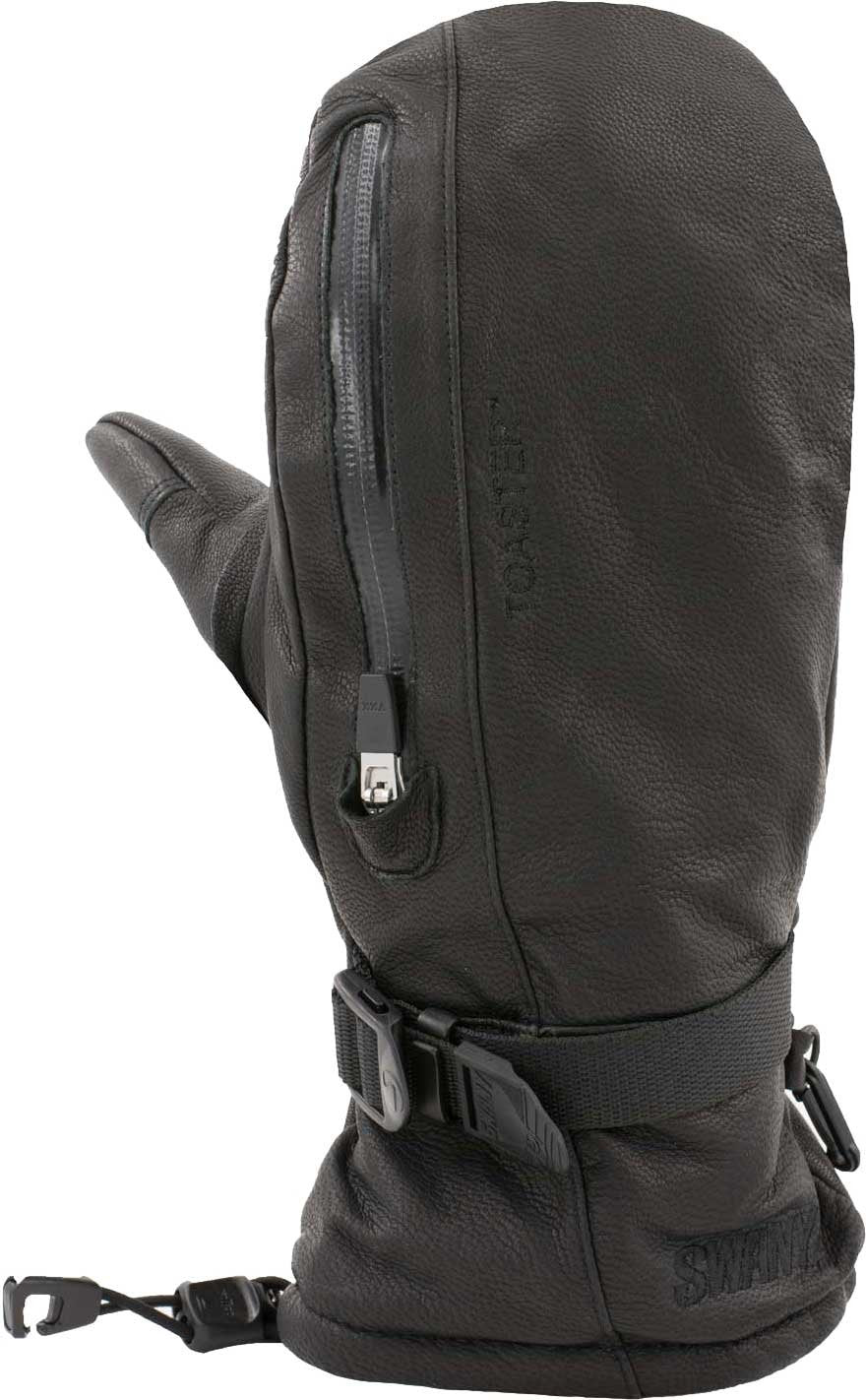 Swany Ladies' Legend Touch Screen Mitt - A black leather mitt with a touch screen feature on the thumb, featuring a zippered pocket and adjustable strap at the wrist.
