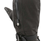 Swany Ladies' Legend Touch Screen Mitt - A black leather mitt with a touch screen feature on the thumb, featuring a zippered pocket and adjustable strap at the wrist.