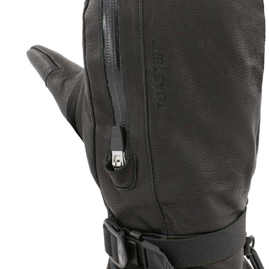 Swany Ladies' Legend Touch Screen Mitt - A black leather mitt with a touch screen feature on the thumb, featuring a zippered pocket and adjustable strap at the wrist.