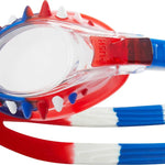 TYR Swimple Spikes Youth Swim Goggles - A pair of red, blue and white swim goggles with spikes on the nose bridge.