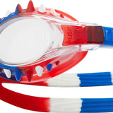 TYR Swimple Spikes Youth Swim Goggles - A pair of red, blue and white swim goggles with spikes on the nose bridge.