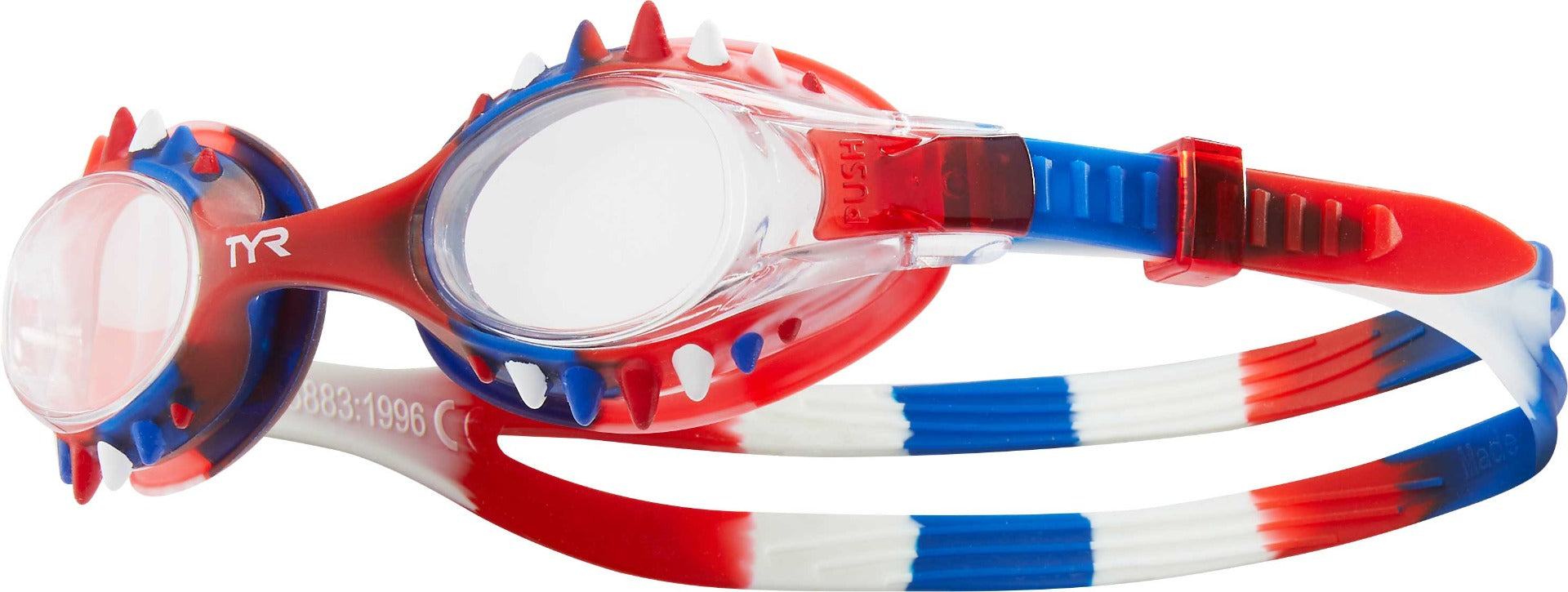 TYR Swimple Spikes Youth Swim Goggles - A pair of red, blue and white swim goggles with spikes on the nose bridge.