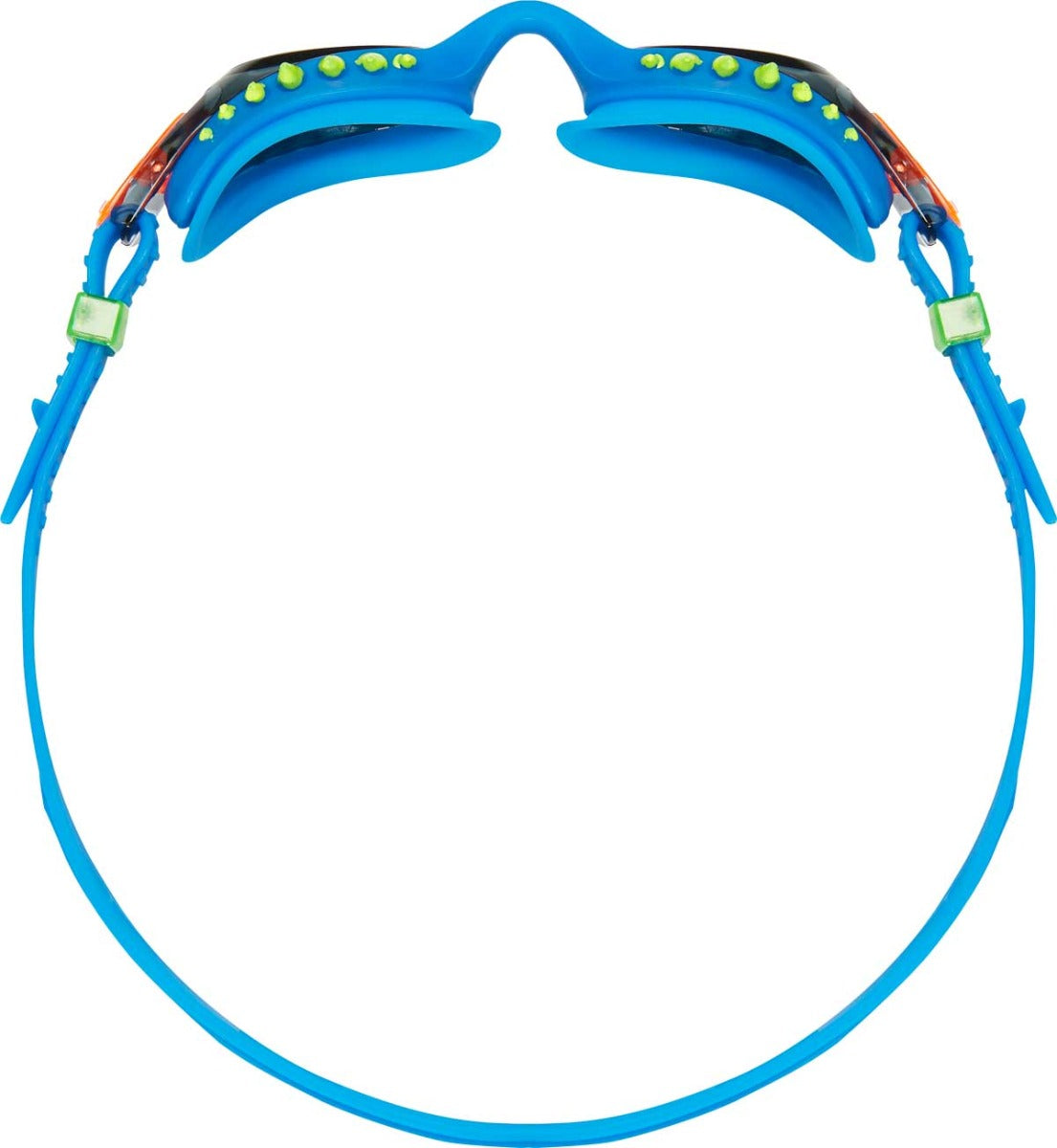 TYR Swimple Spikes Youth Swim Goggles - A pair of blue swim goggles with neon green spikes on the strap and a black nose bridge.