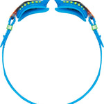 TYR Swimple Spikes Youth Swim Goggles - A pair of blue swim goggles with neon green spikes on the strap and a black nose bridge.