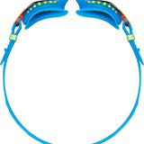 TYR Swimple Spikes Youth Swim Goggles - A pair of blue swim goggles with neon green spikes on the strap and a black nose bridge.