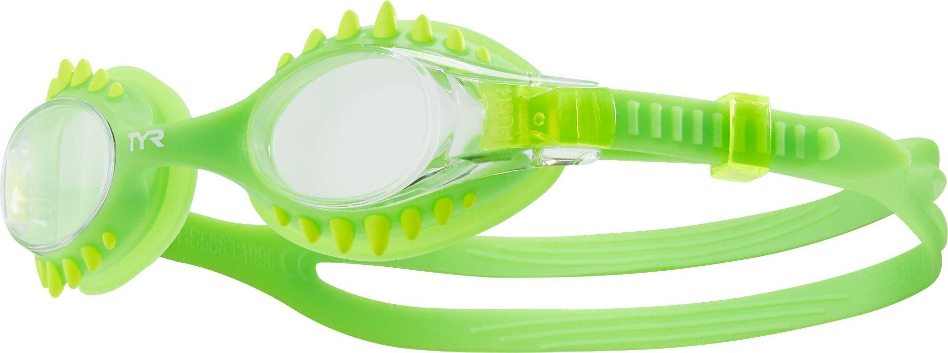 TYR Swimple Spikes Youth Swim Goggles - A pair of lime green swim goggles with spikes on the nose bridge and ear pieces.