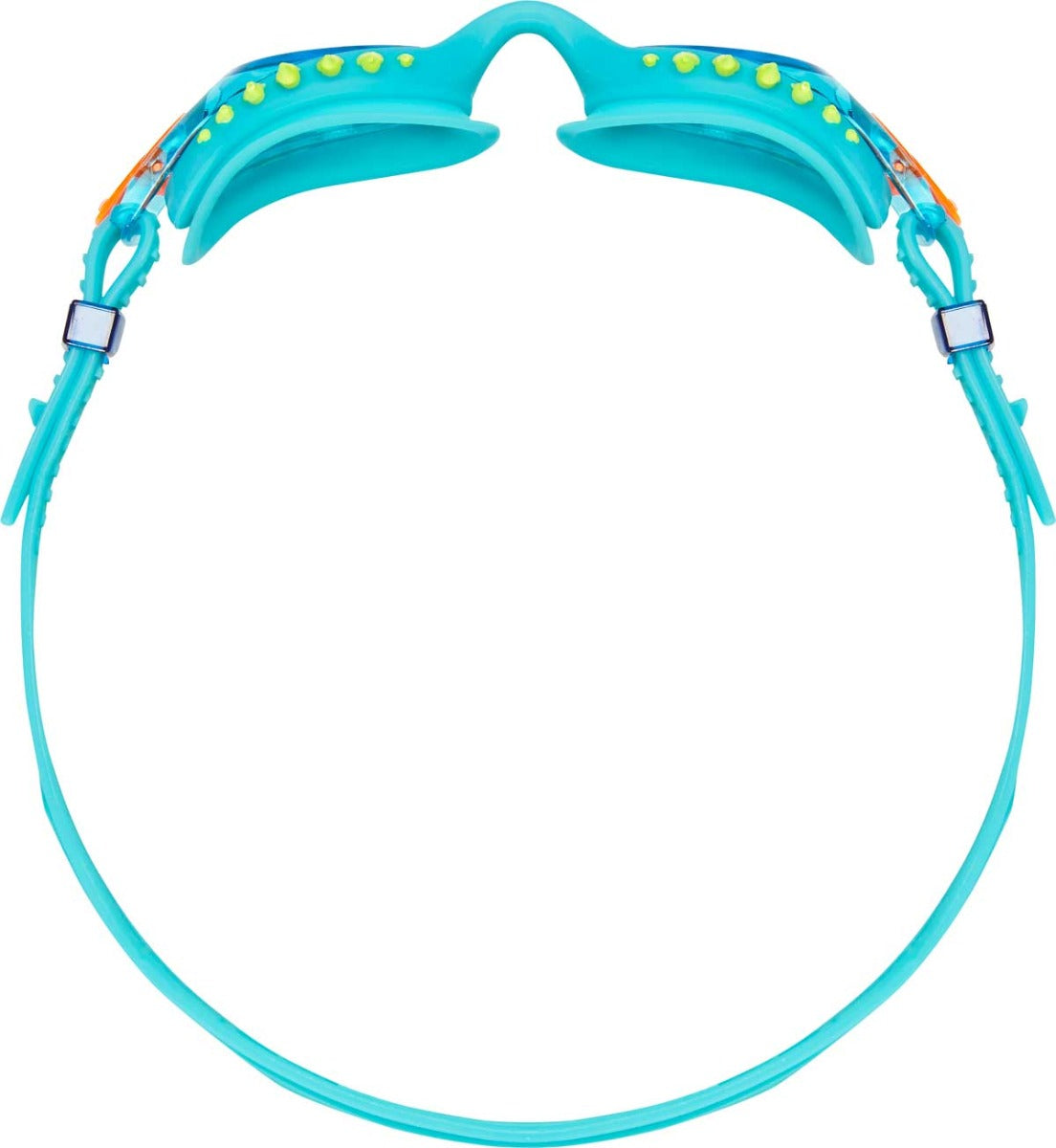 TYR Swimple Spikes Youth Swim Goggles - A pair of blue swim goggles with yellow spikes on the strap and orange accents.