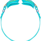 TYR Swimple Spikes Youth Swim Goggles - A pair of blue swim goggles with yellow spikes on the strap and orange accents.